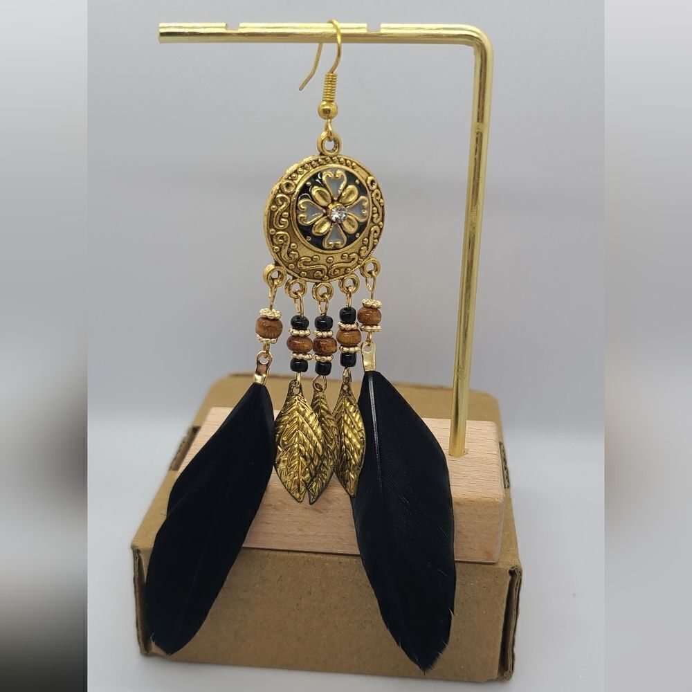 Black Boho Feather Tassel Floral Beaded Dangle Earrings Tribal Native Gypsy New - Picture 6 of 7